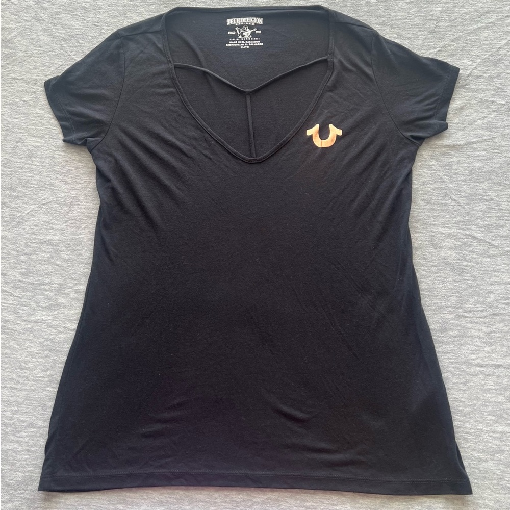 True Religion black foil horseshoe rose gold C short sleeve top cage stretch XL